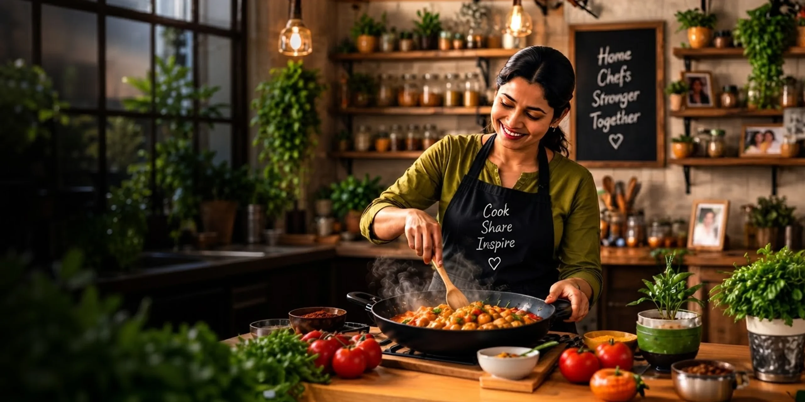 A chef cooking in a warm kitchen filled with herbs and spices