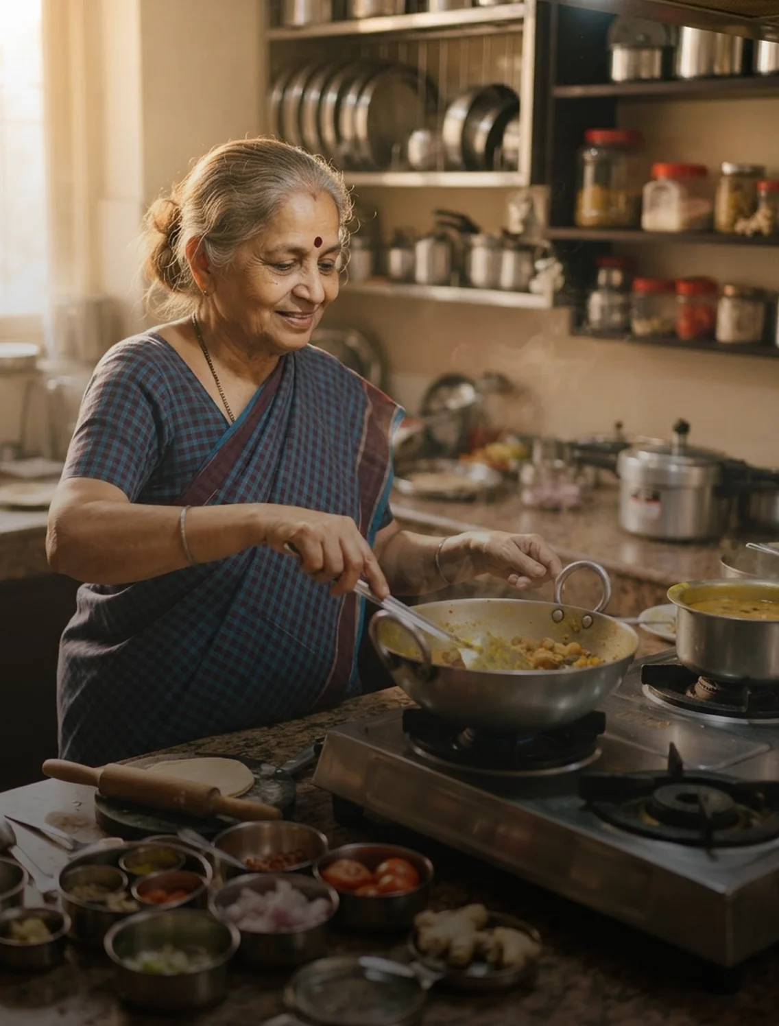A chef stirring a pot of dal in her kitchen
